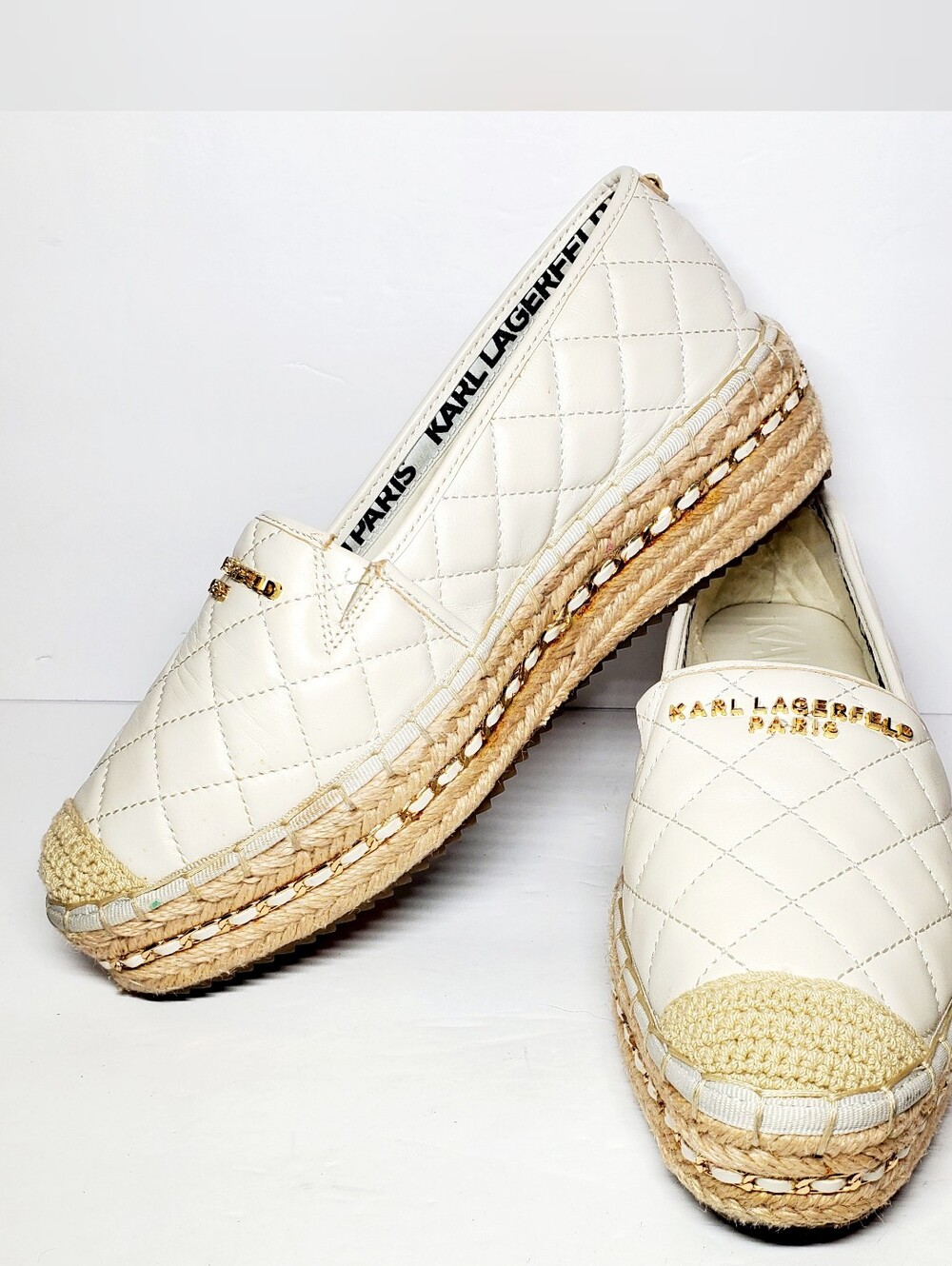 Karl Lagerfeld Paris White Quilted Leather Desta Espadrille Platform Shoes 8M